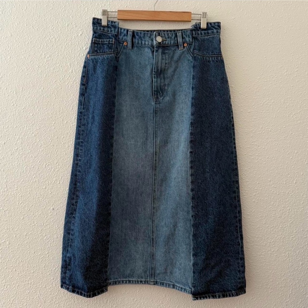 Blank nyc two toned color block denim midi skirt